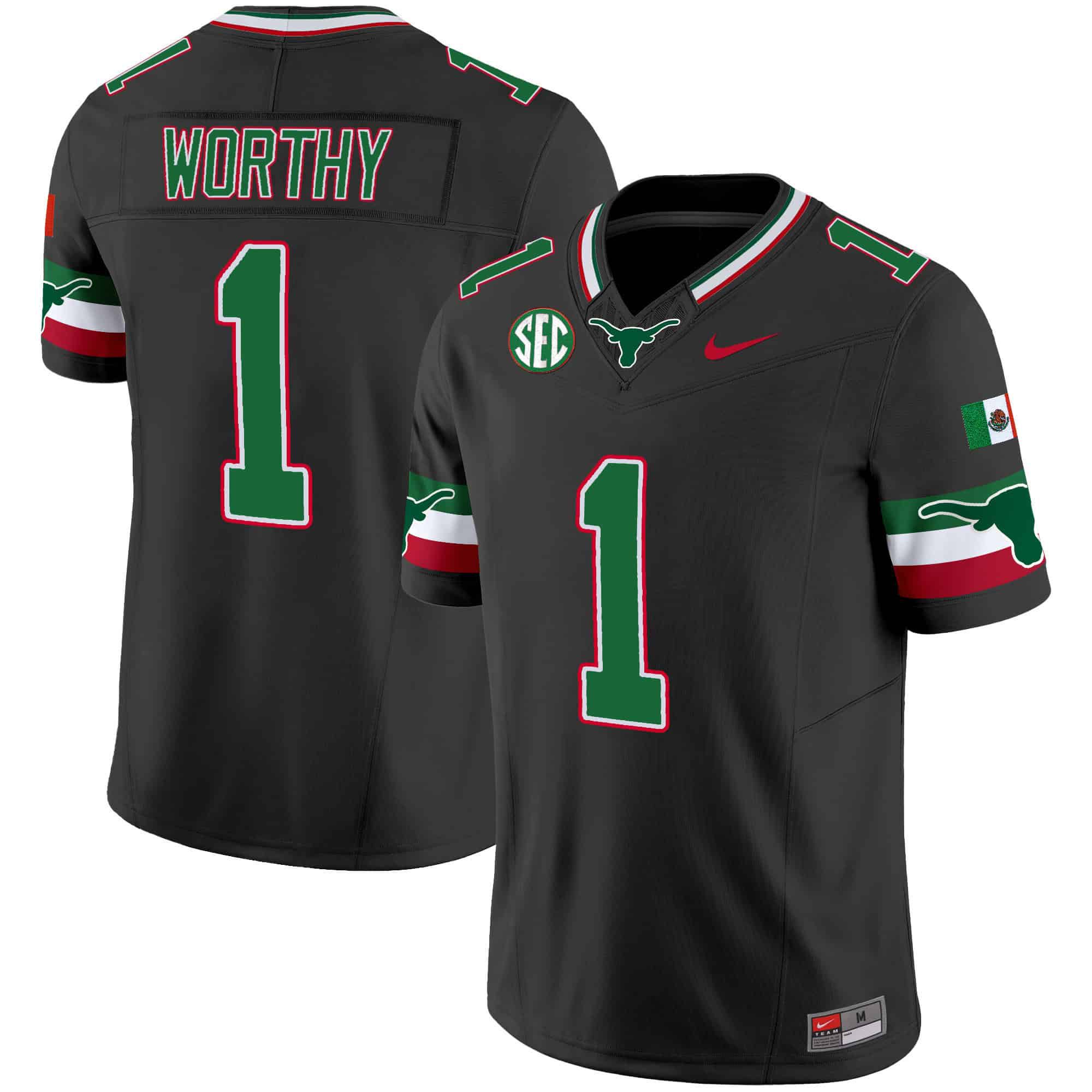 Men Texas Longhorns 1 Worthy Black 2024 Nike Mexico SEC Patch Vapor NCAA Jersey